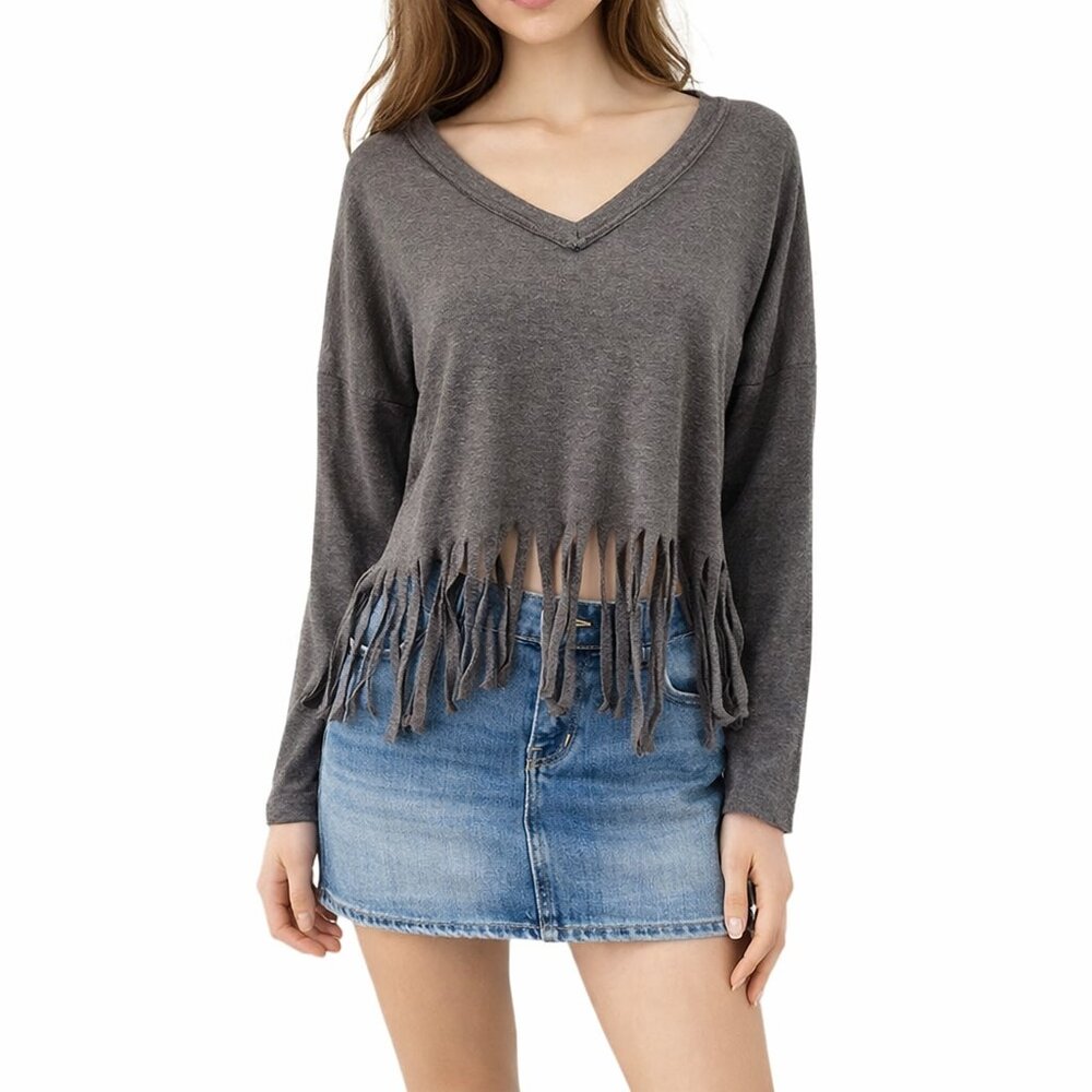 Dress Up Gray V-Neck Fringe Tassel Long Sleeve Boho Cropped Y2K 90s Top Size M